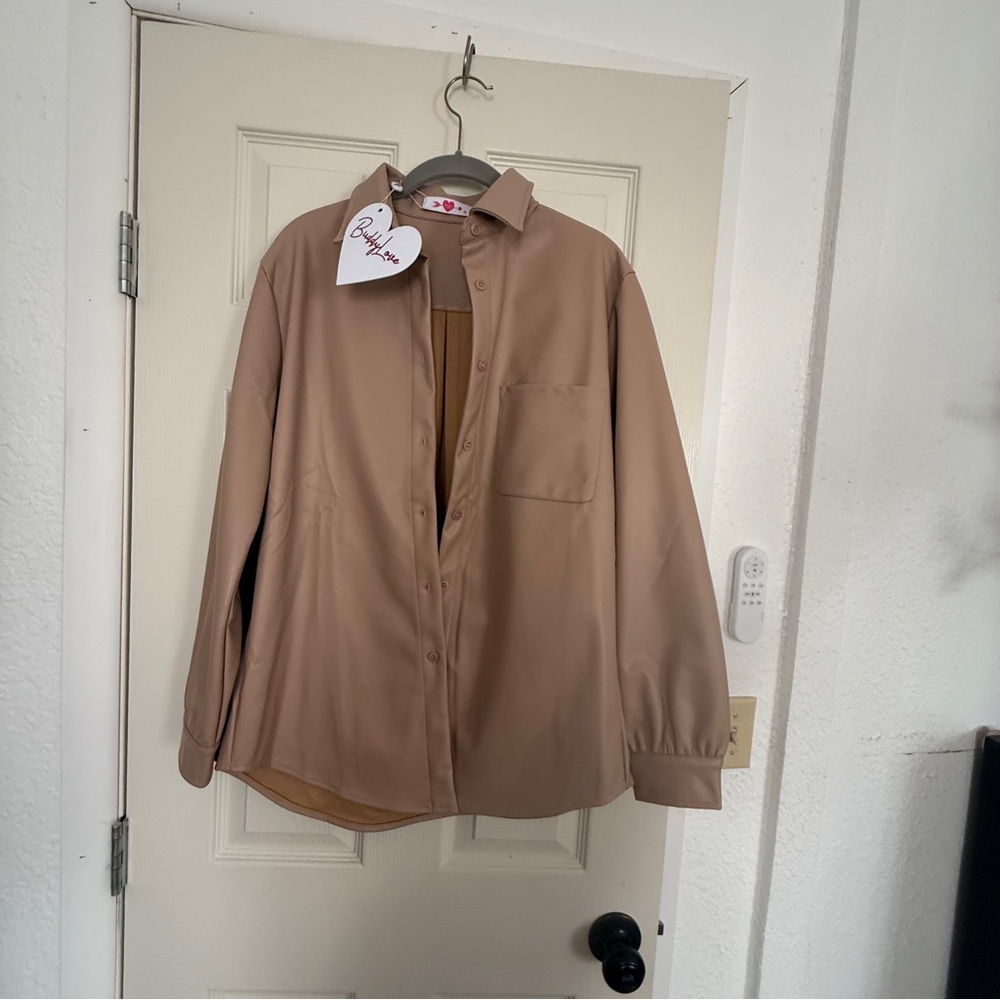 Tan Faux Leather Button-Up jacket - Picture 3 of 8
